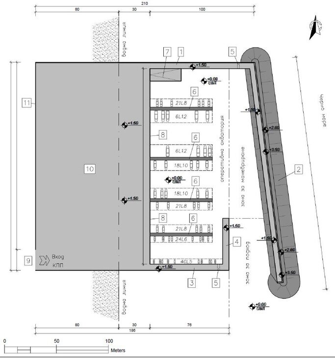 Technical engineering drawing of the marina moles, piers and rear service area