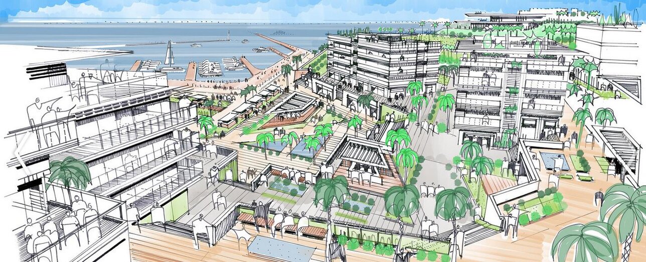 Architectural concept sketch of the marina-front quarter